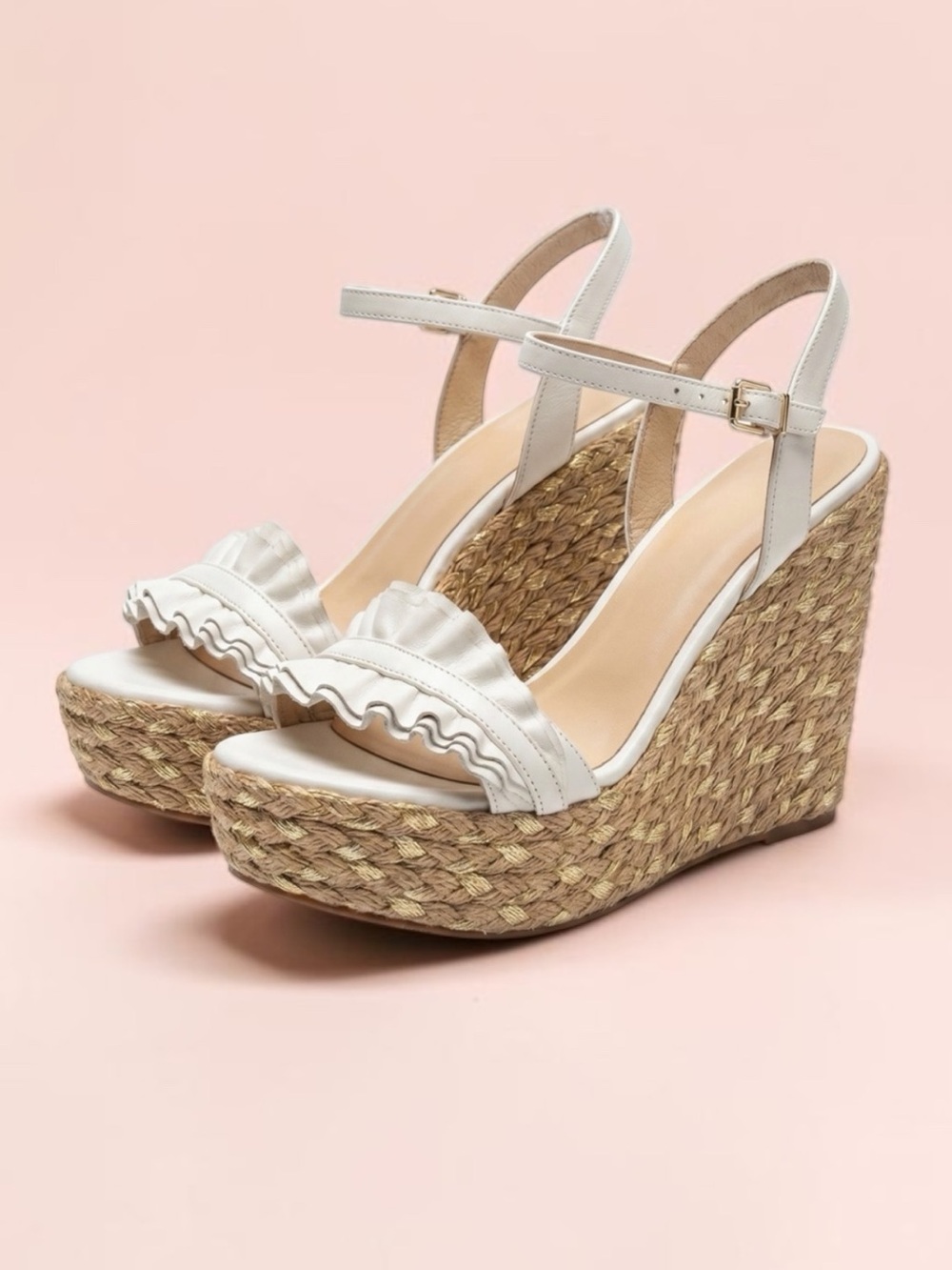 Anthropologie Elysess Ruffled White Leather Espadrille Wedge Sandals